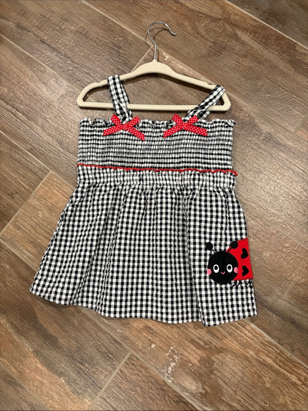 Bonnie Jean Smocked Ladybug Black & White Gingham Top